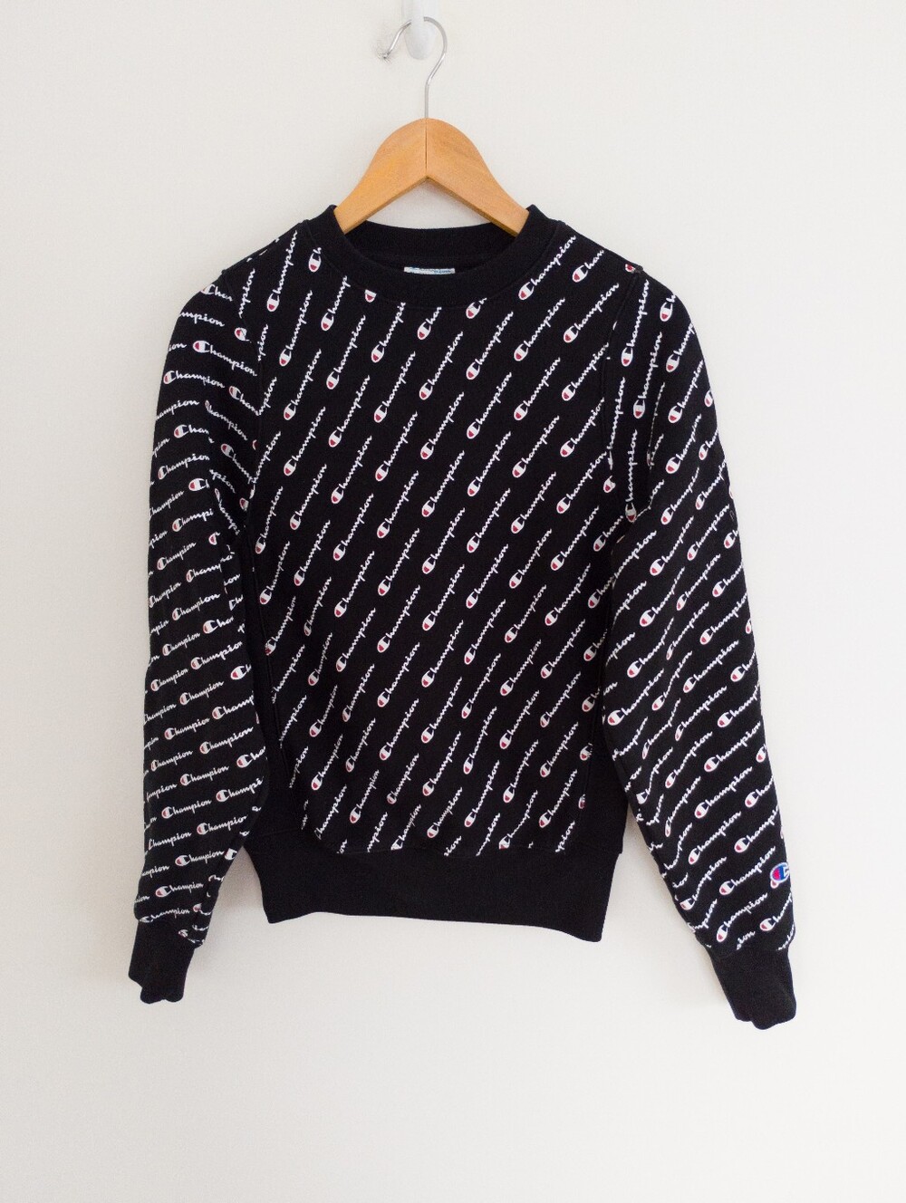 Champion Reverse Weave All Over Print Script Logo Crewneck Sweatshirt Black XS